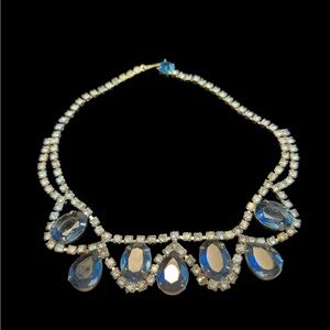 80 Blue rhinestones necklace, vintage silver tone, iridescent stones